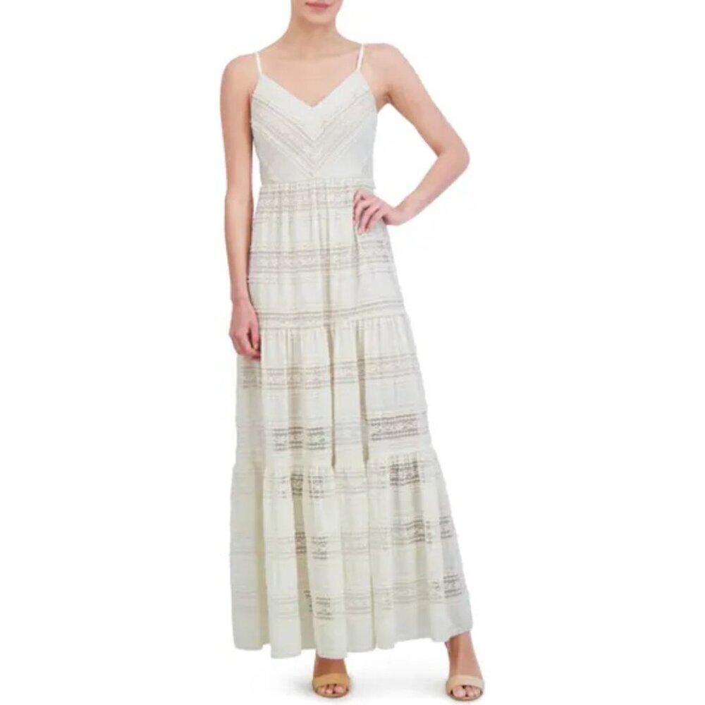 NWT ELIZA J Lace Inset Tiered Maxi Sundress Ivory 10